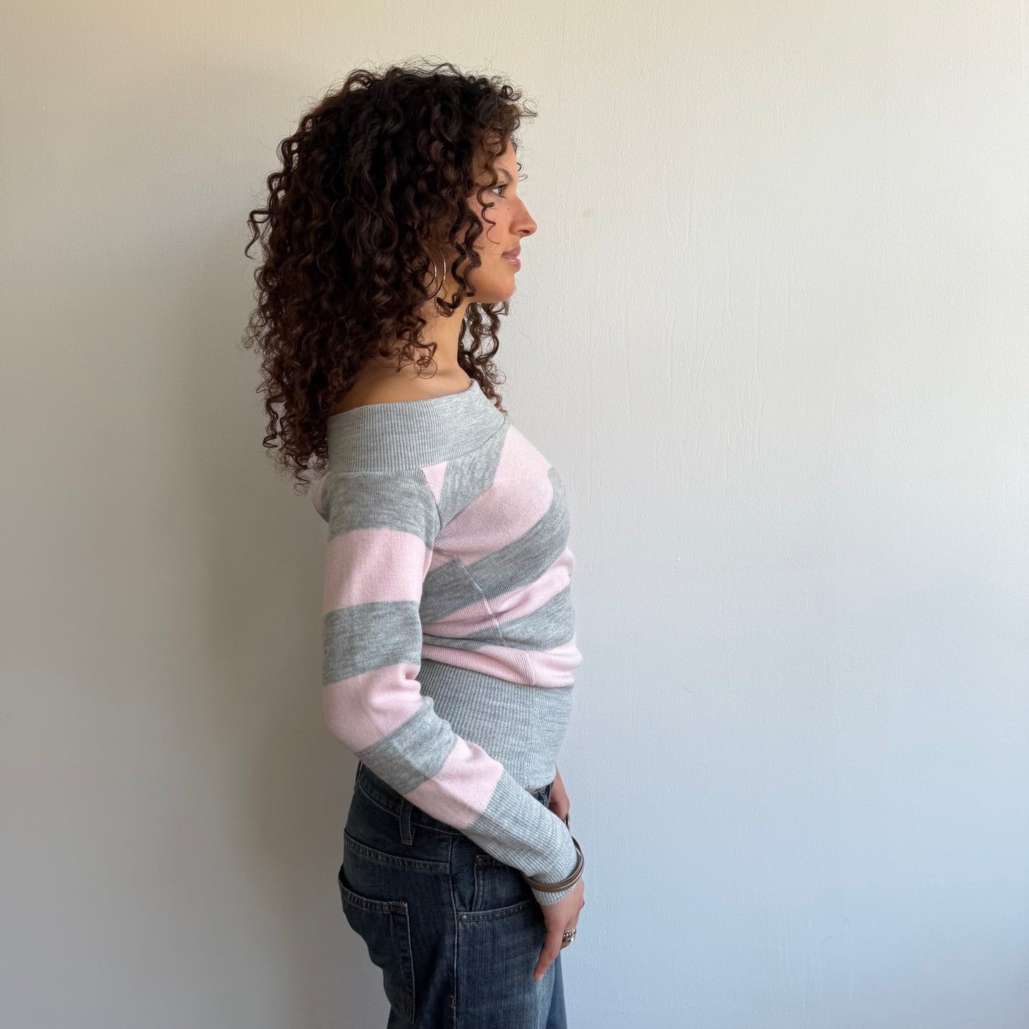 Pink + grey striped bardot knit - Size S/M