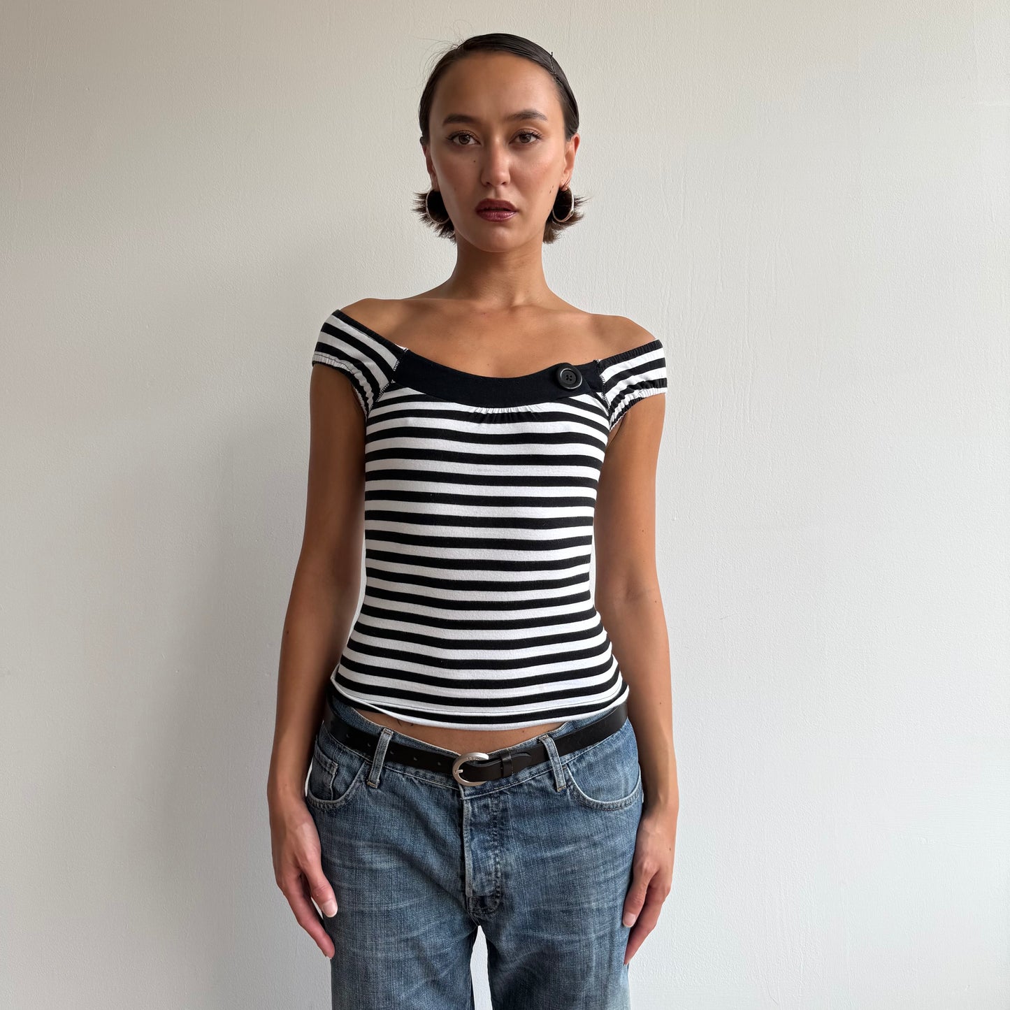 Black + white stripe button top - Size XXS/XS