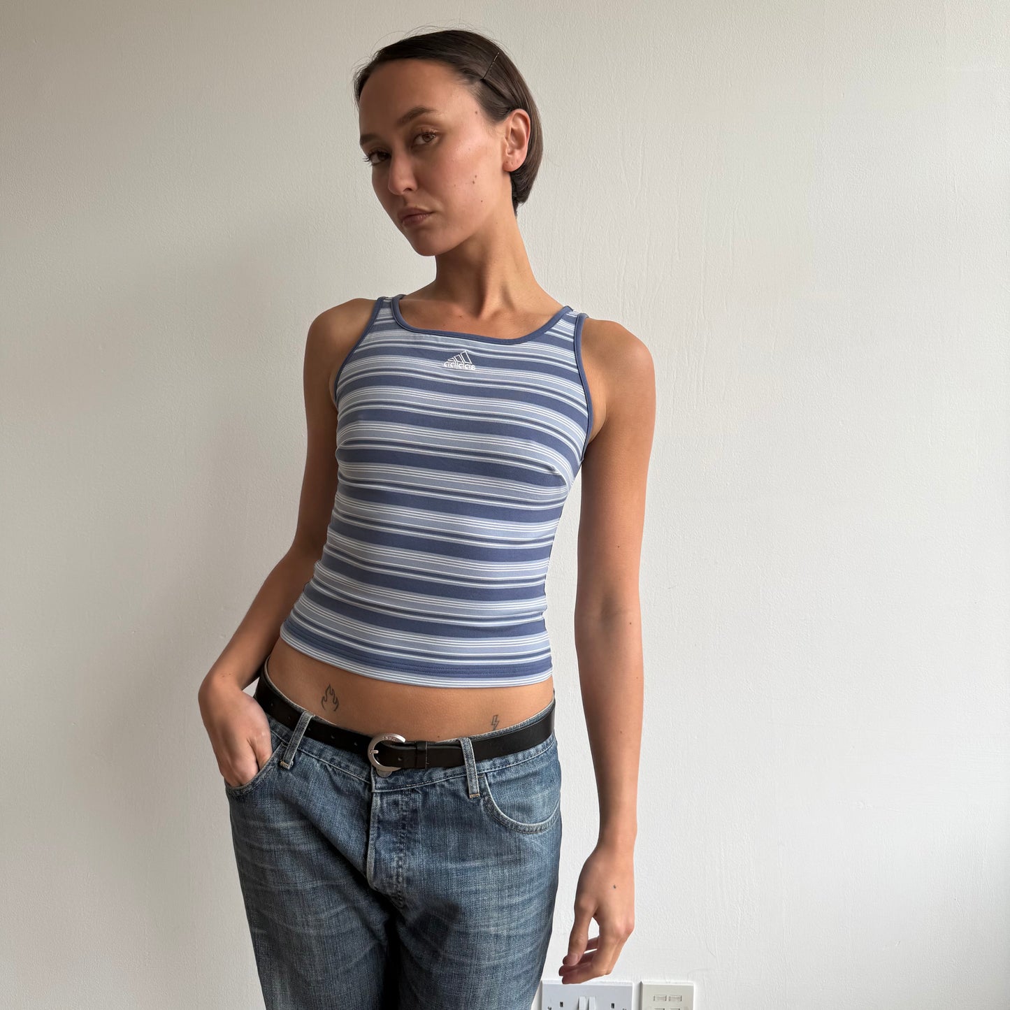 Blue striped Adidas top - Size S