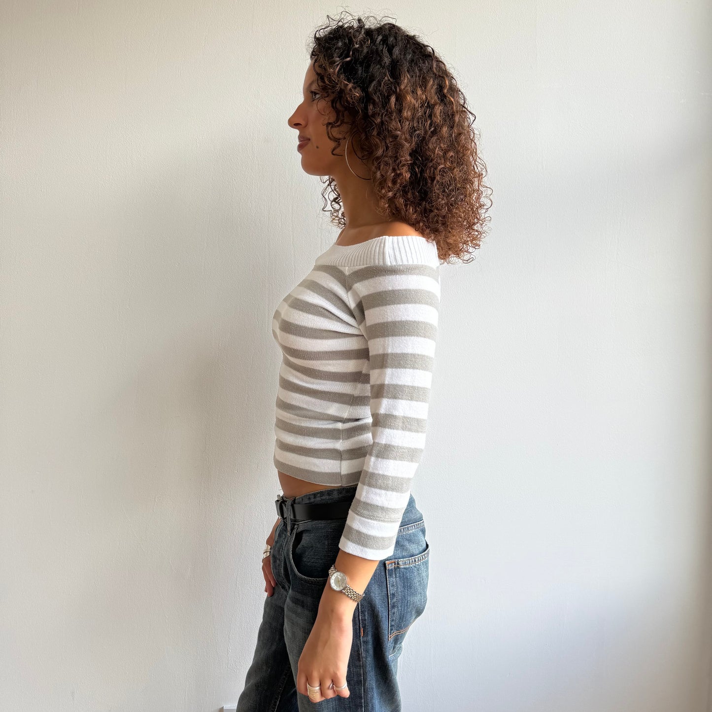 Grey + white striped Bardot knit - Size S