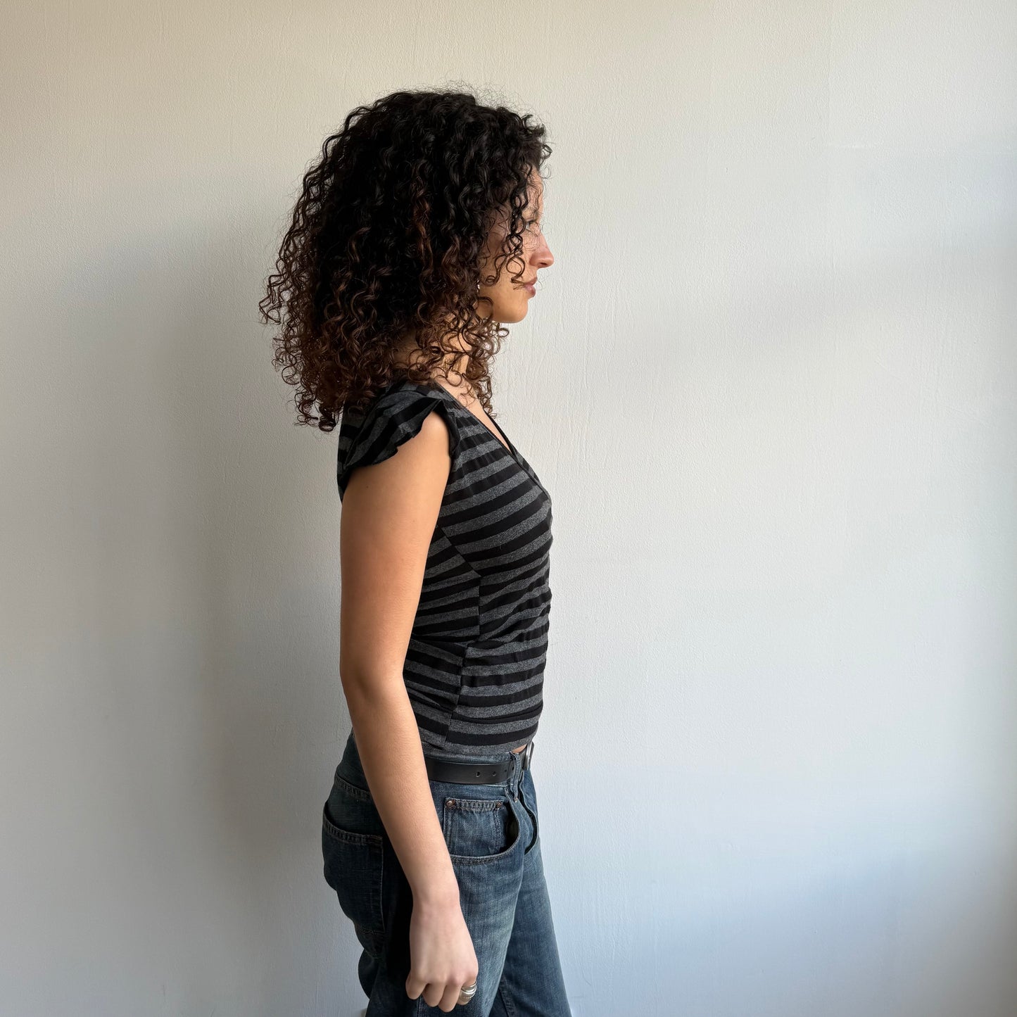 Black + grey striped wrap top - Size M/L