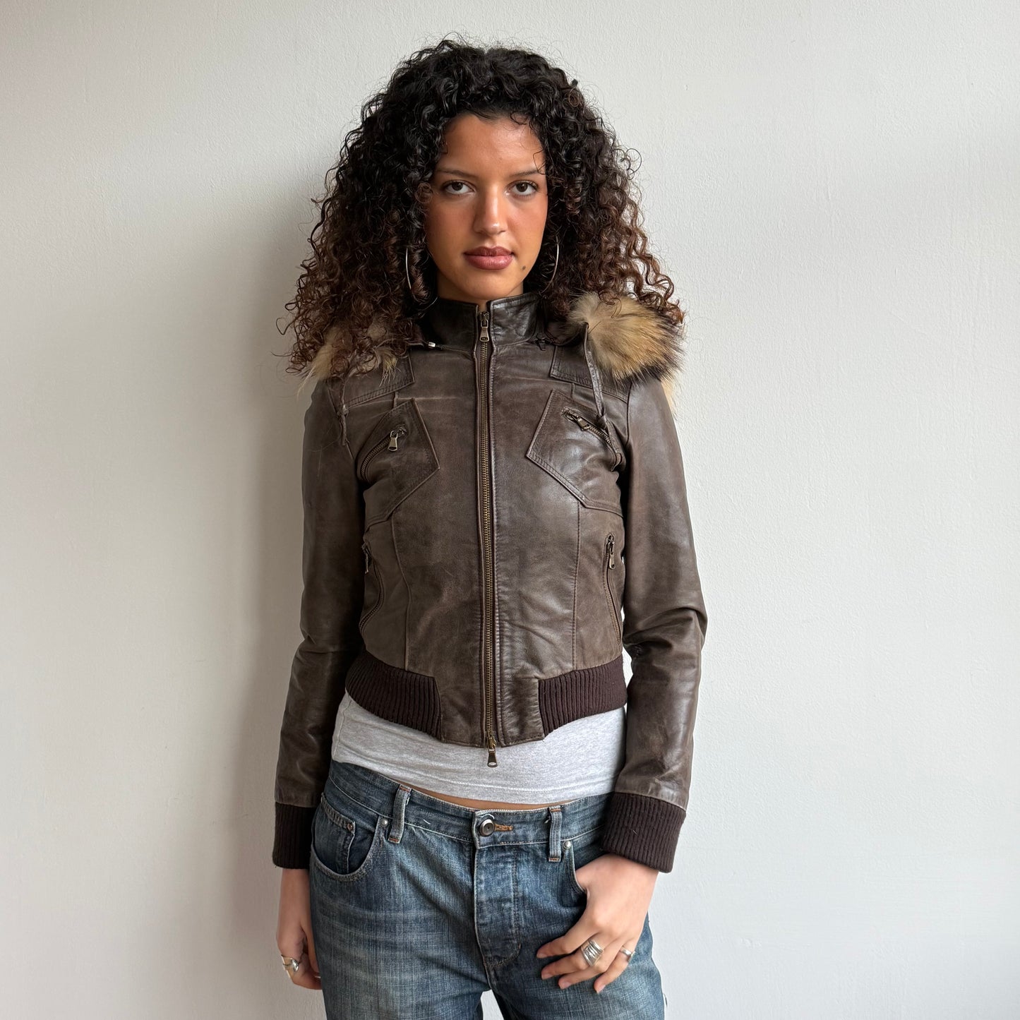 Brown leather fur hood bomber - Size S
