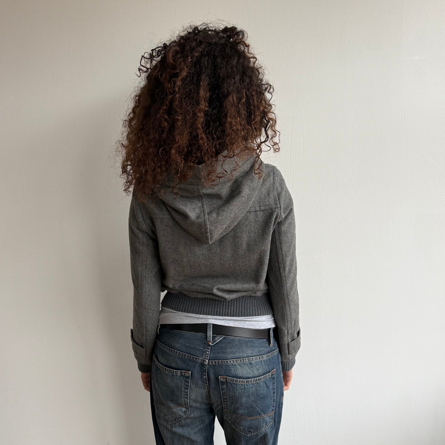 Grey button front hooded bomber - Size S/M