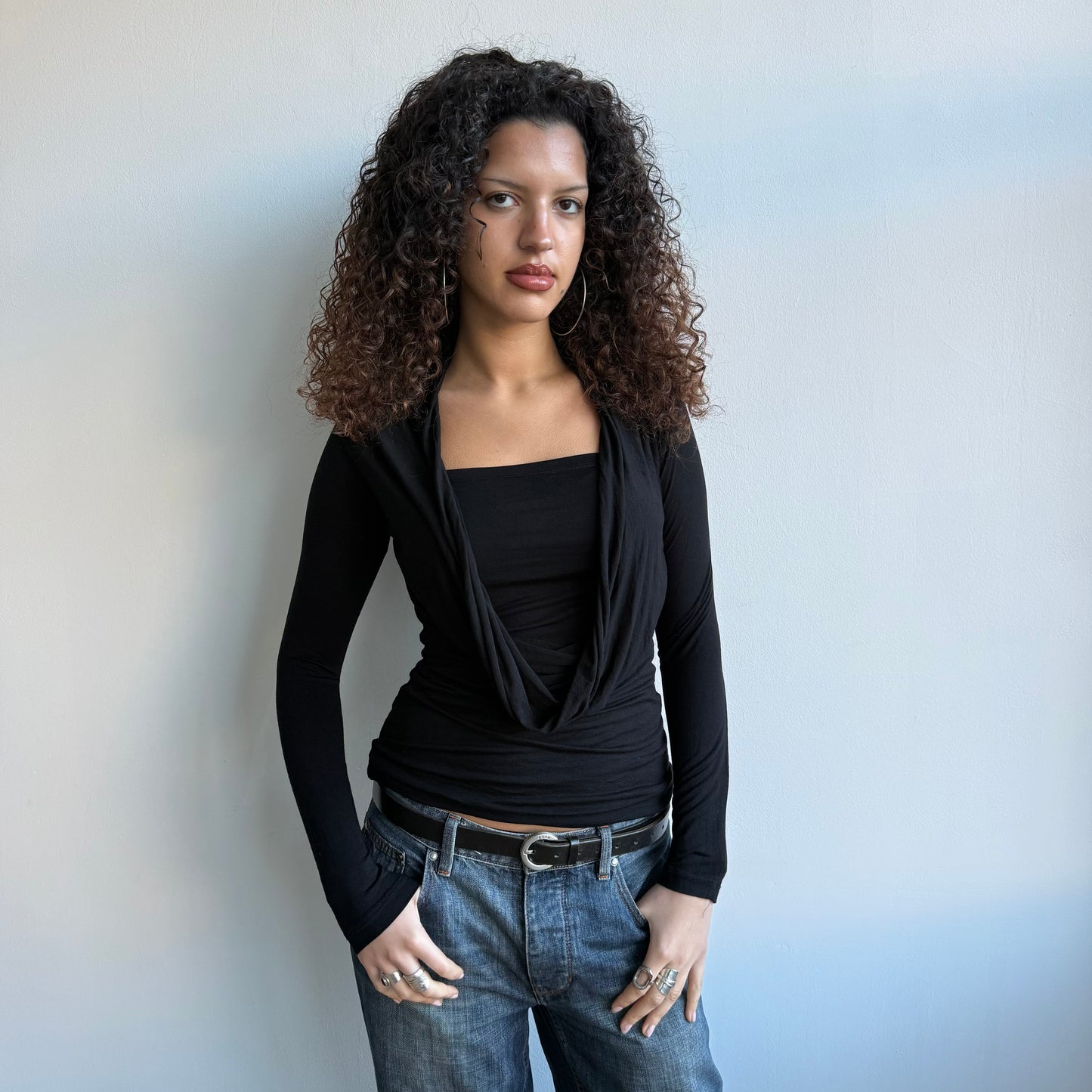 Black slouchy cowl wrap top - Size M