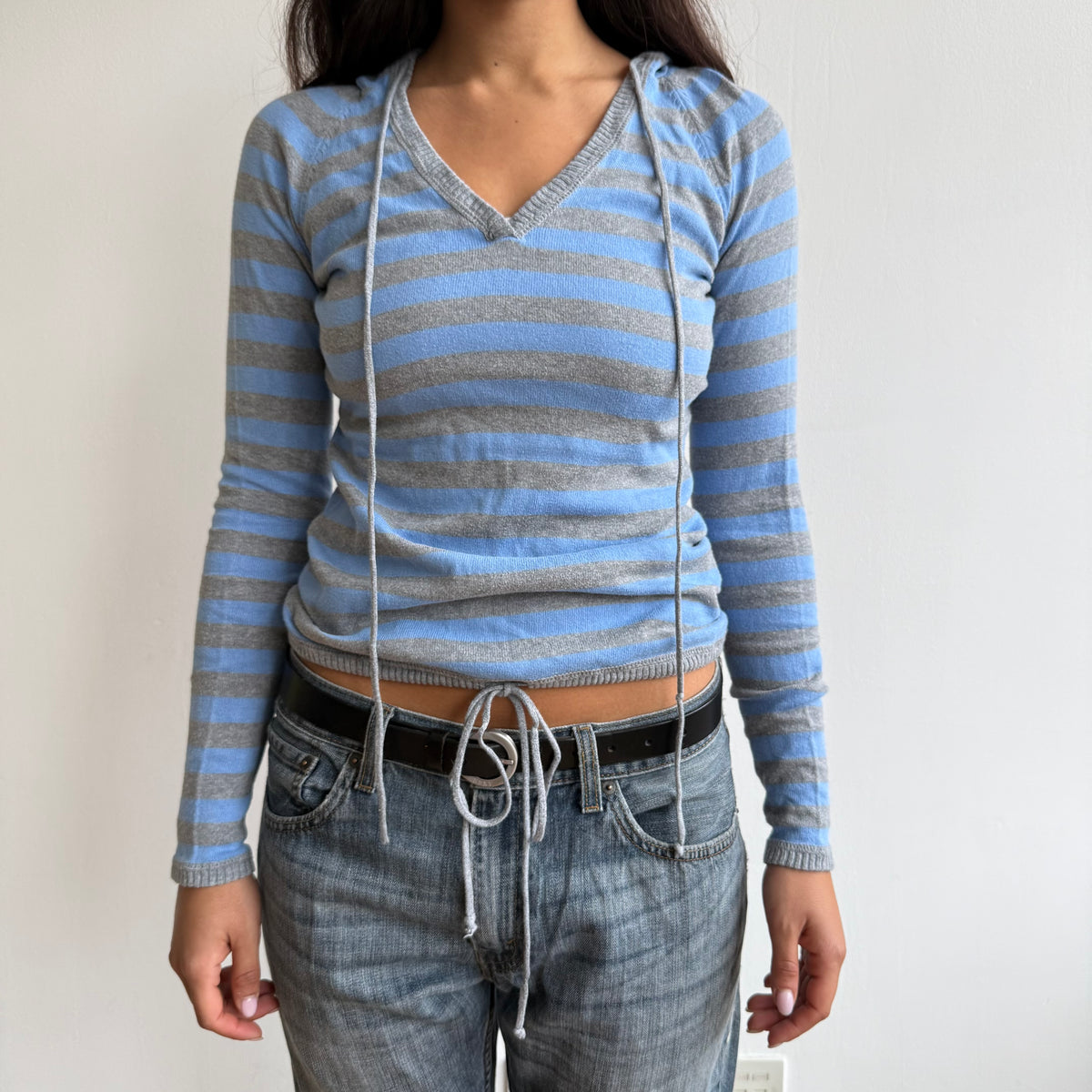 Grey + blue striped knit hoodie - Size S
