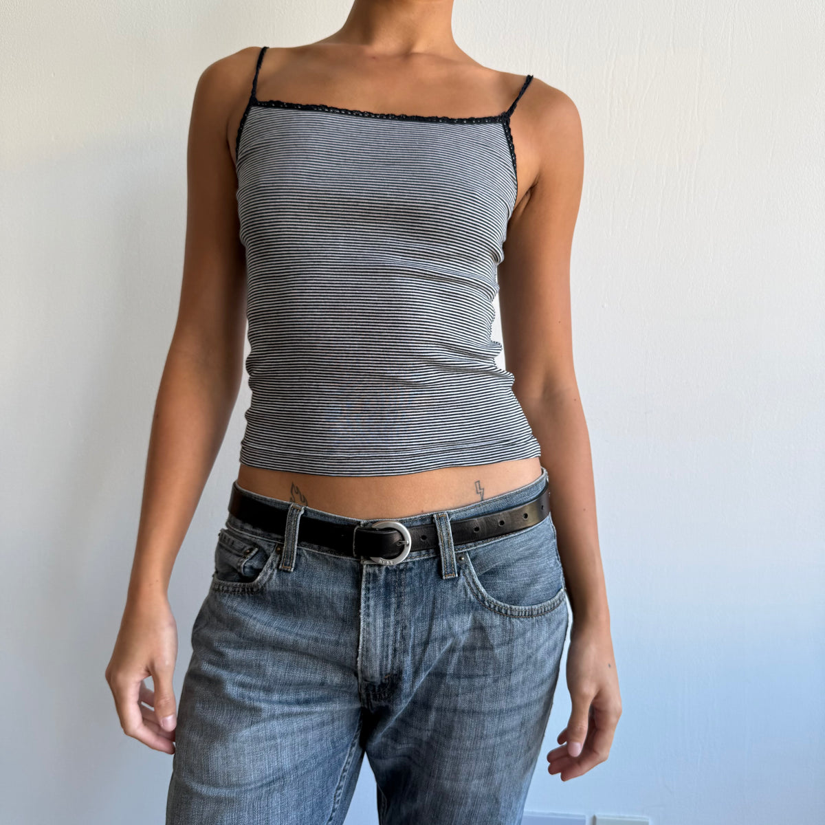 Black + grey striped cami - Size S
