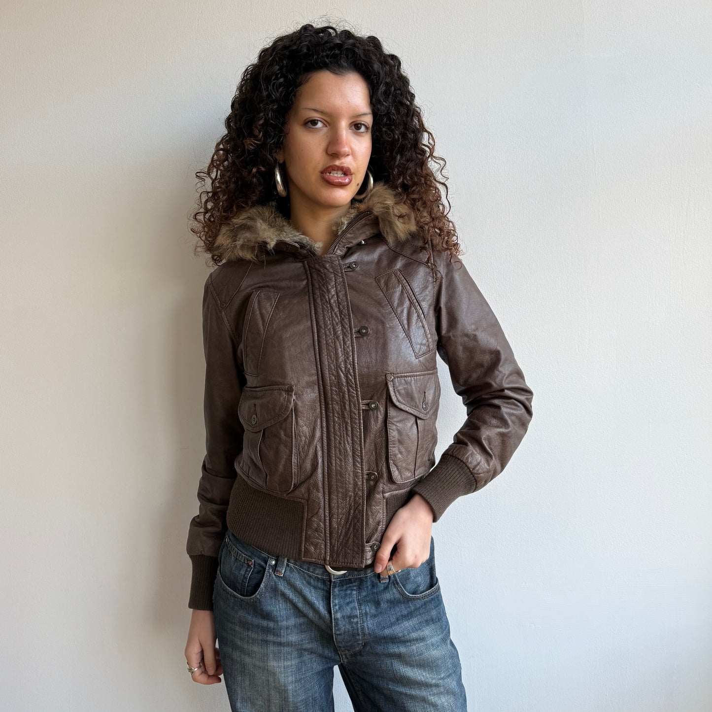 Brown leather fur hood bomber - Size M
