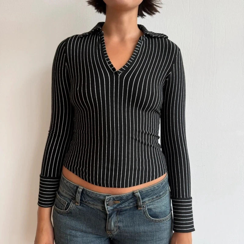 Black striped long sleeve collar top - Size S