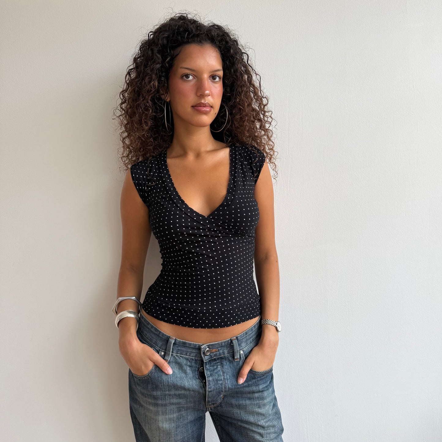 Polka dot tie side wrap top - Size S