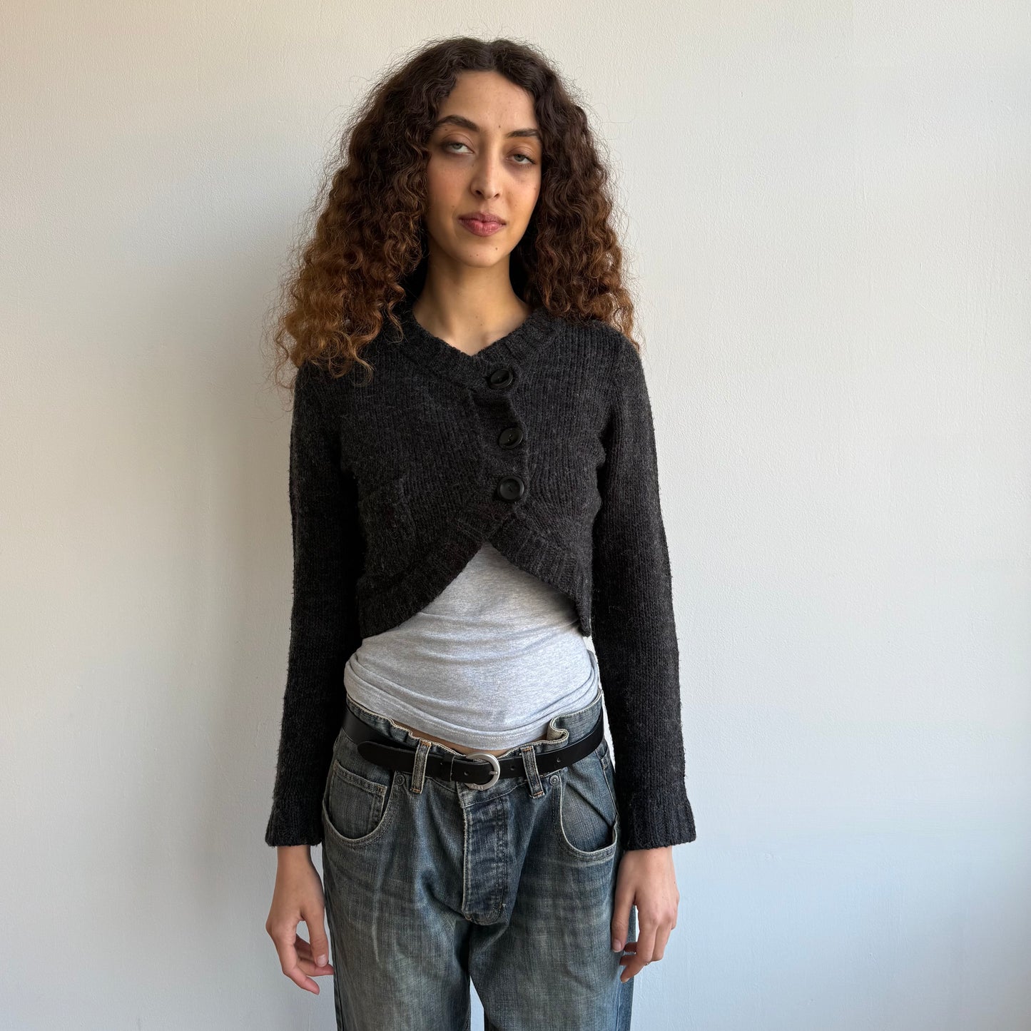 Charcoal grey button knit cardi - Size S