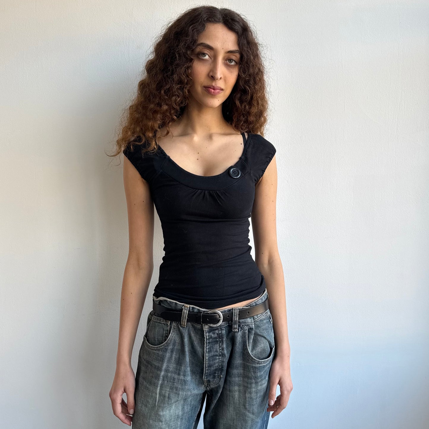 Black button bardot top - Size S
