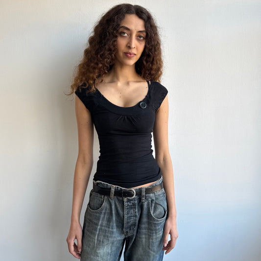 Black button bardot top - Size S