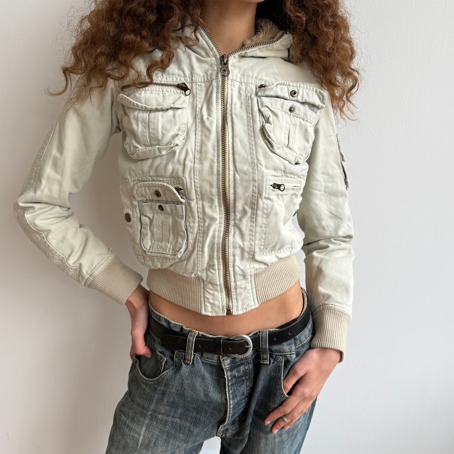 Cream bomber with faux fur hood - Size XS + M