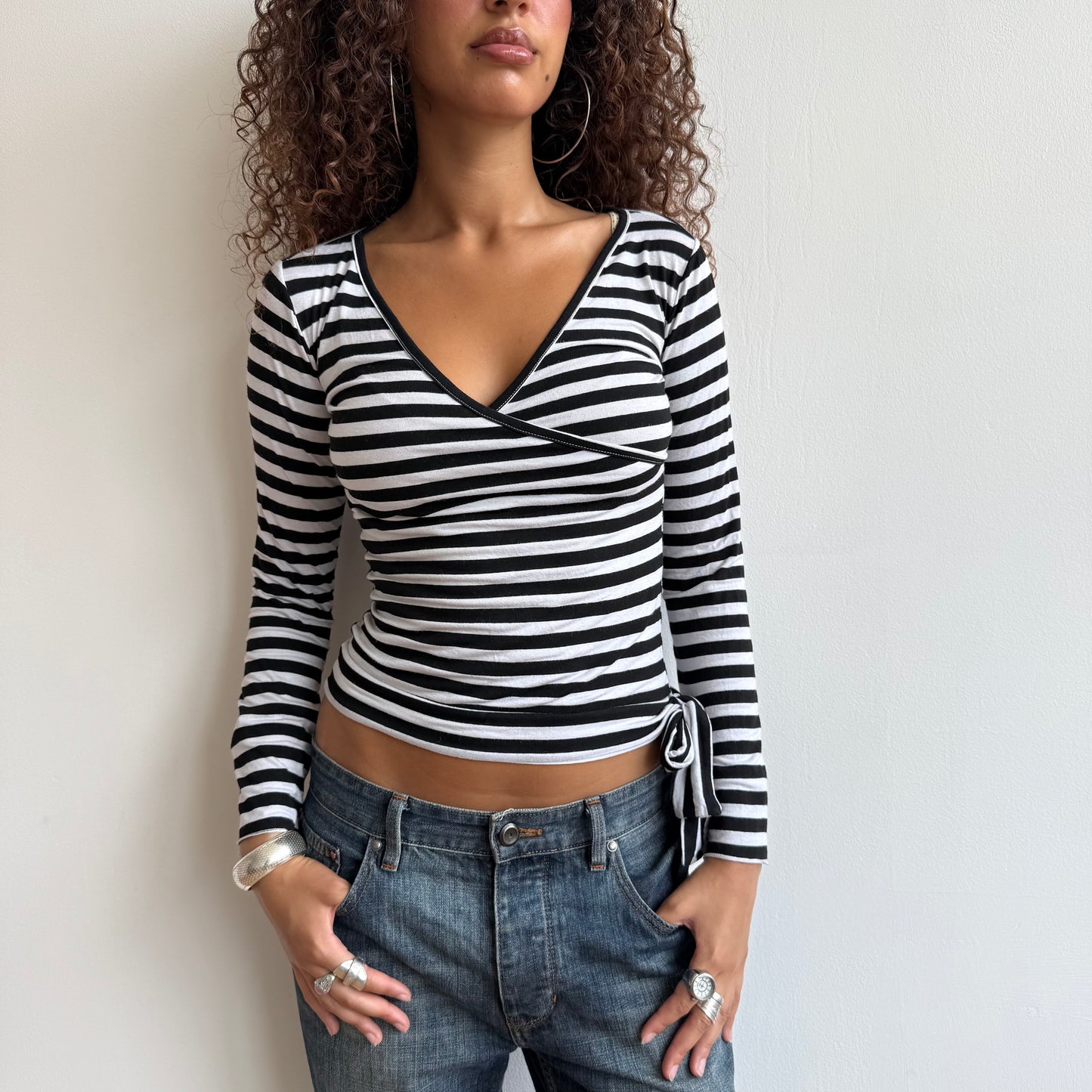 Black striped long sleeve wrap top - Size M