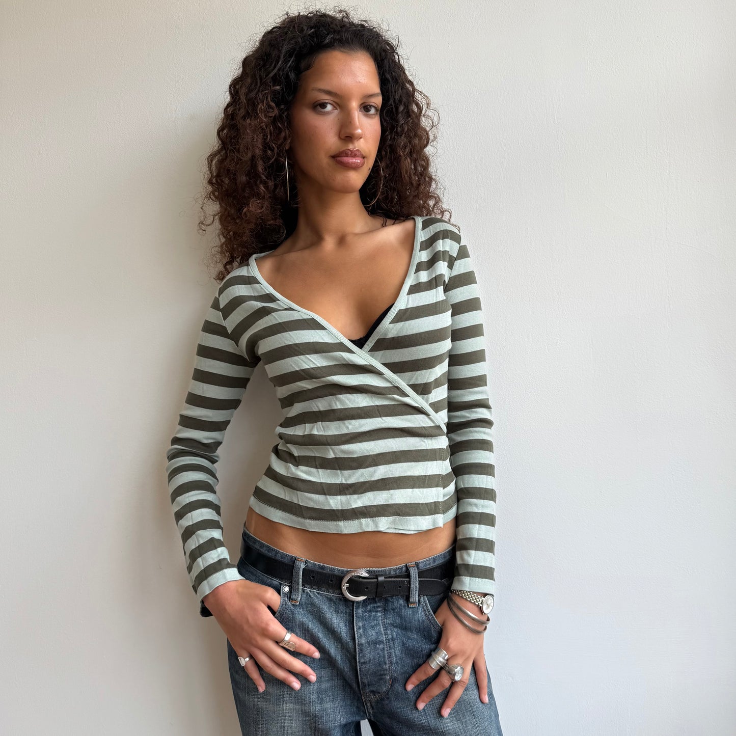 Green striped wrap tie-side top - Size S/M