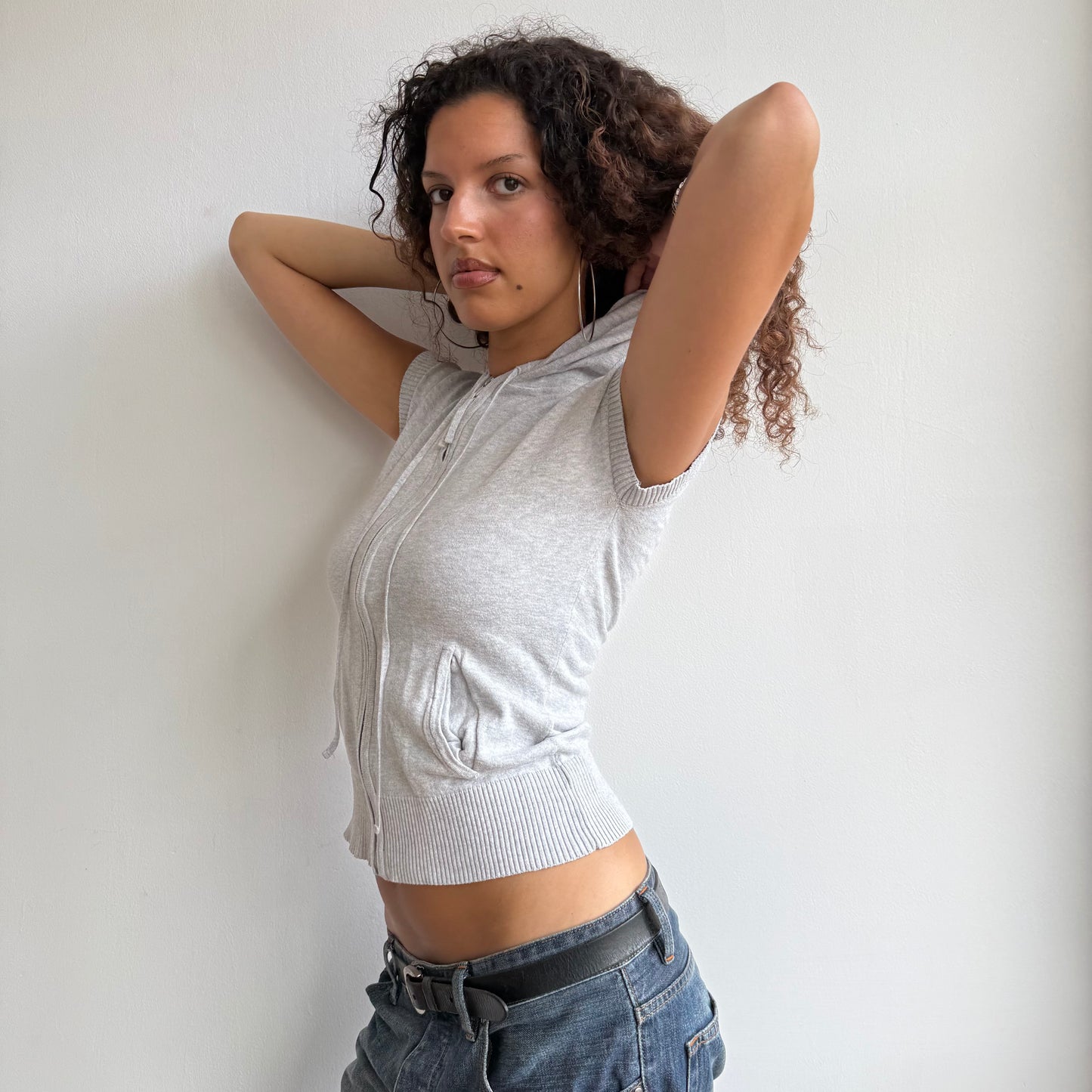 Grey short sleeve knit hoodie - Size S