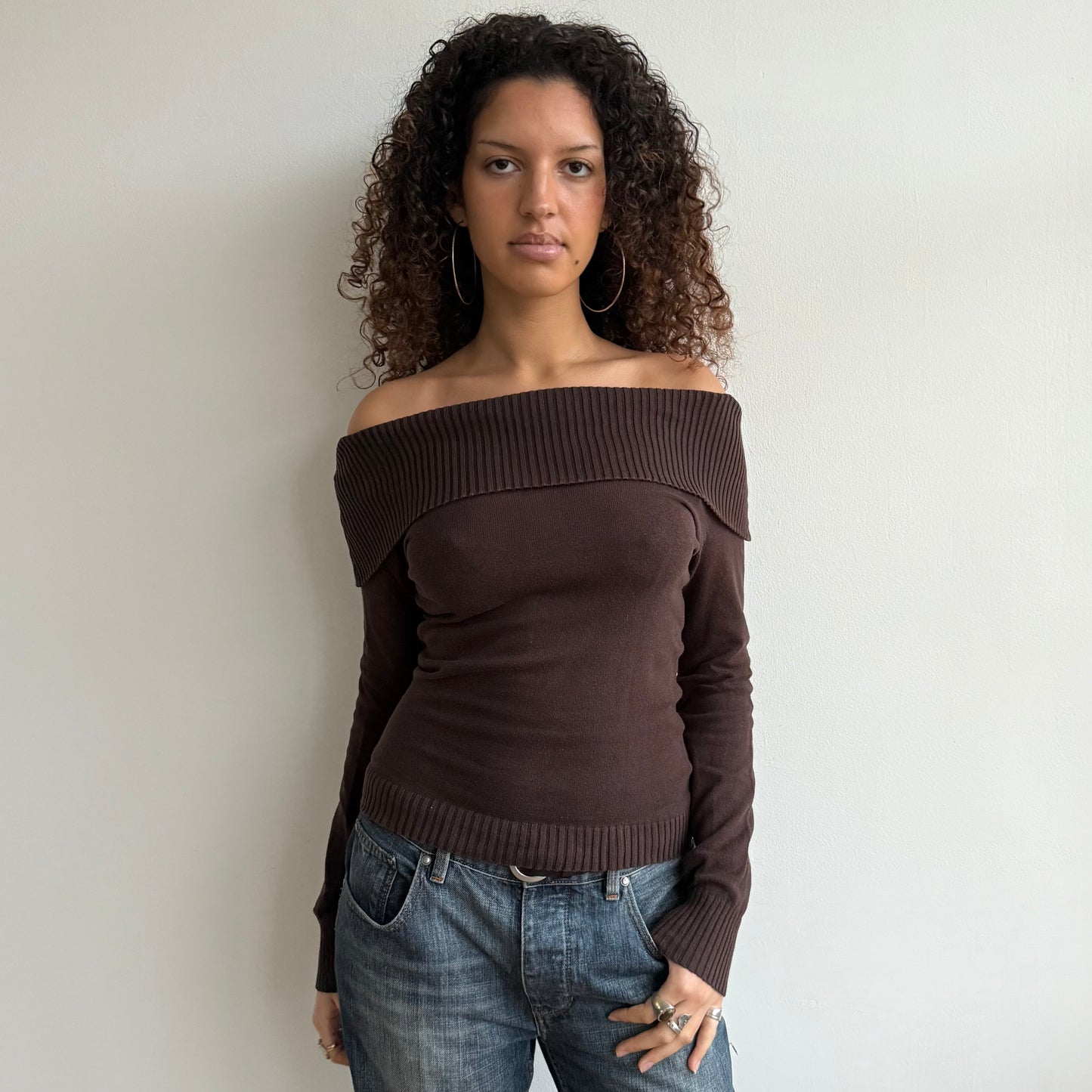 Brown bardot knit jumper - Size S