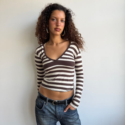 Brown + white striped hooded top - Size S