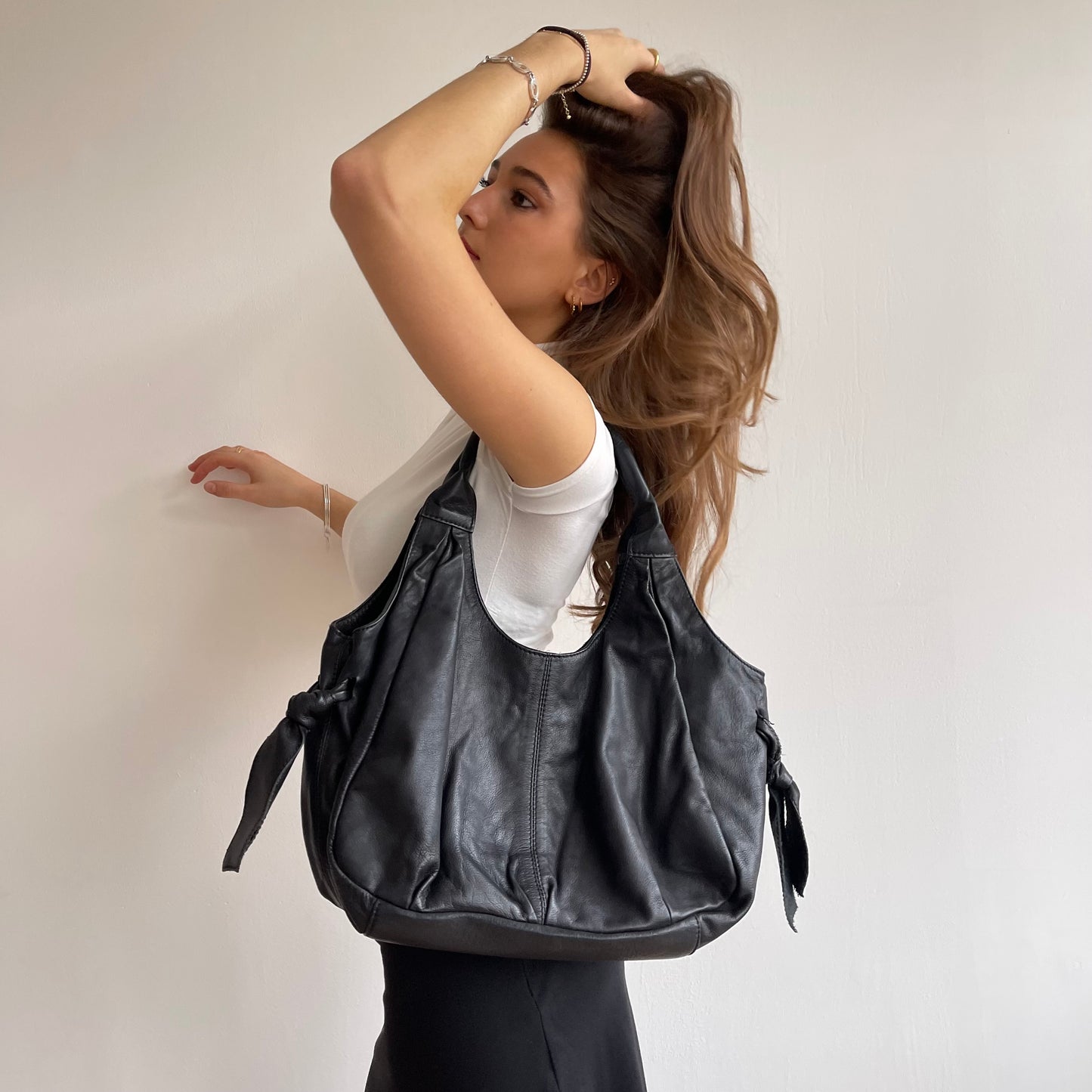 Black leather slouchy bag