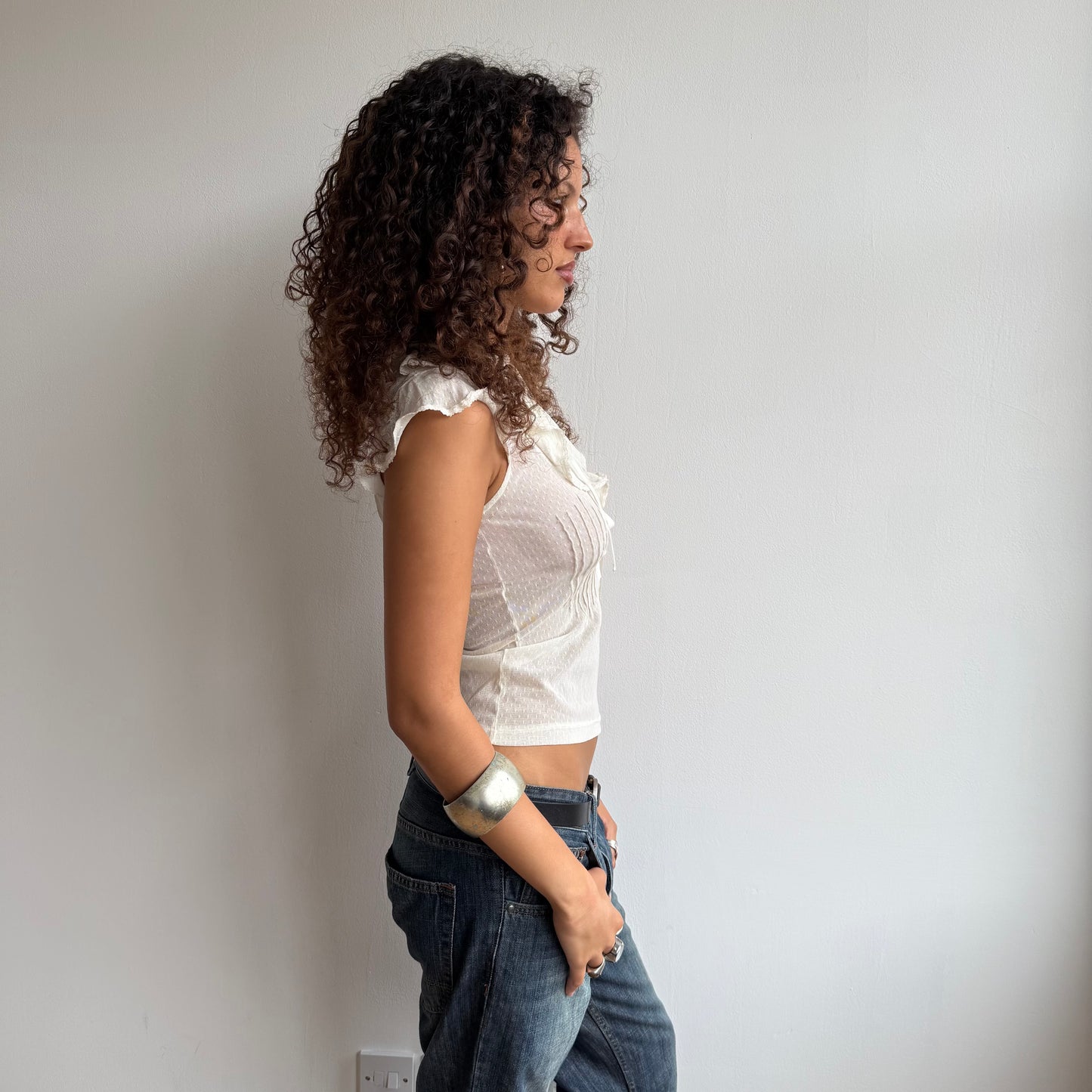 Cream polka dot ruffle top - Size S