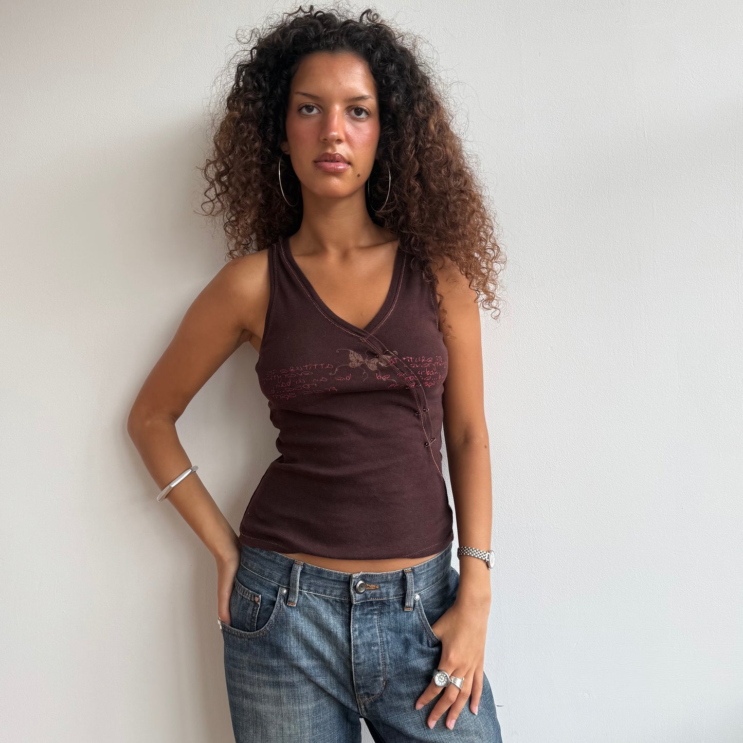 Brown graphic safety pin top - Size S