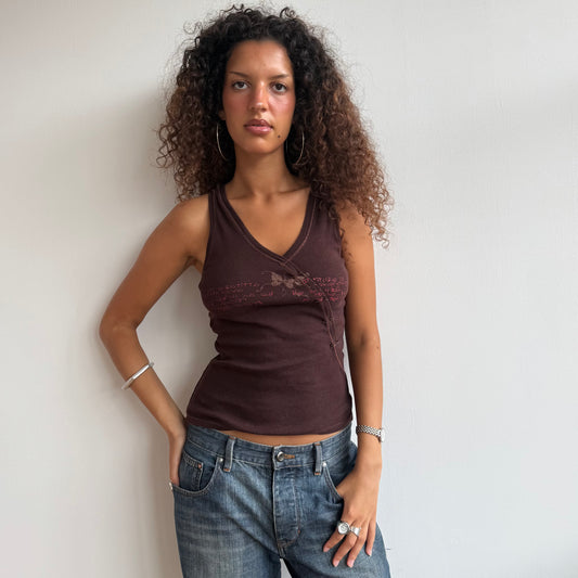 Brown graphic safety pin top - Size S