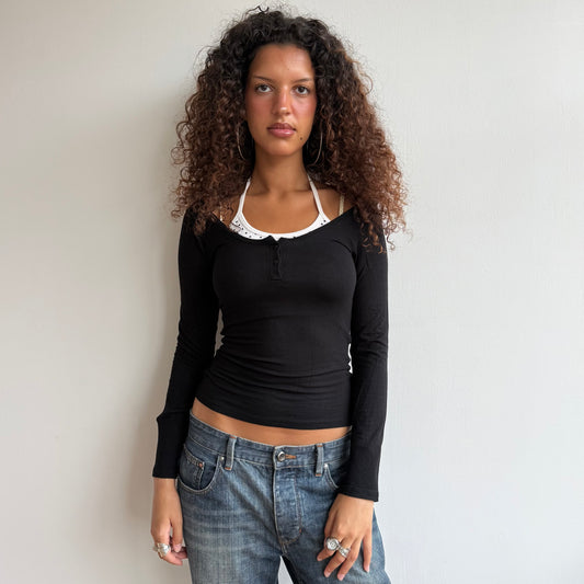 Black + white polka dot halter top - Size S