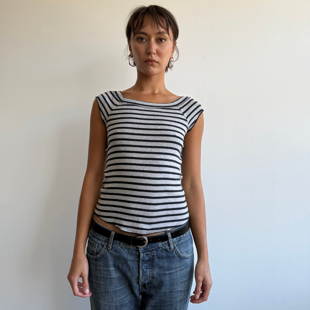 Navy + grey striped top - Size S-M