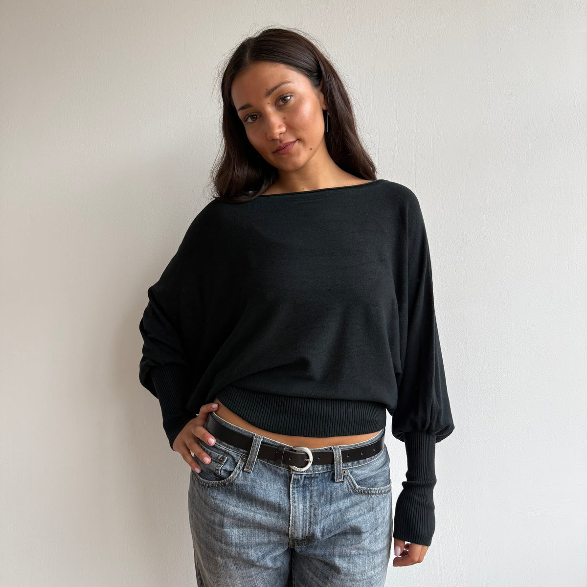 Black batwing slouchy knit jumper - Size M
