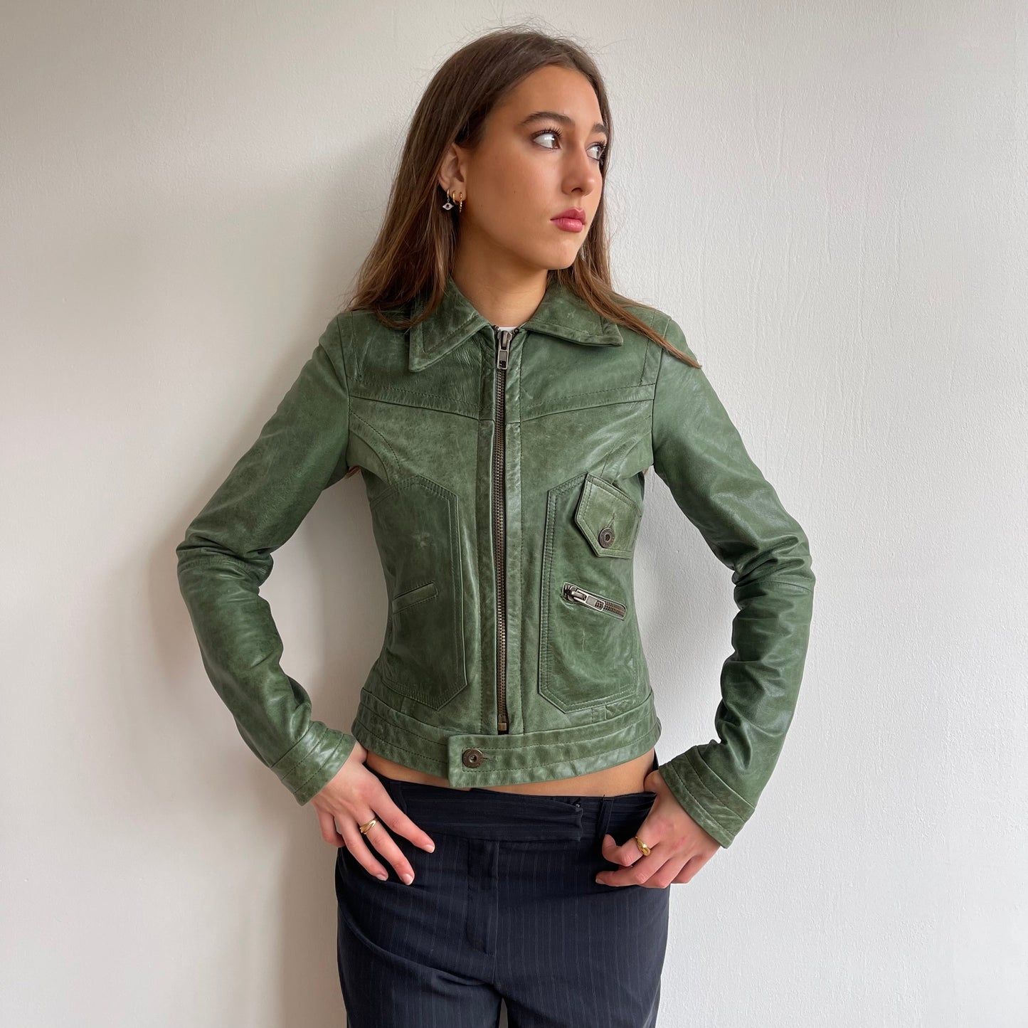 Green leather jacket - Size XS