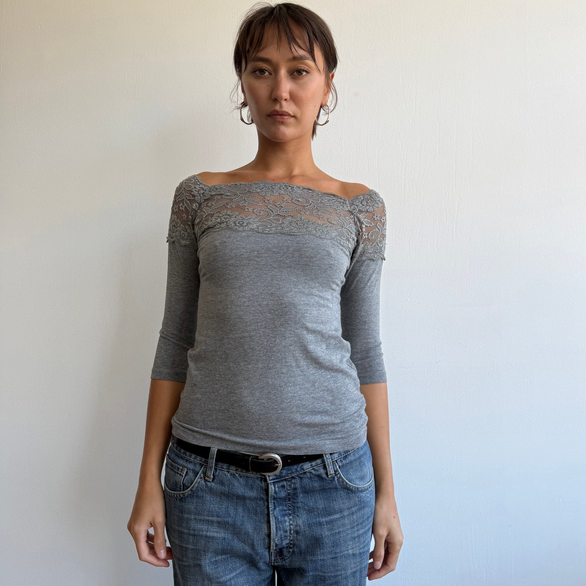 Grey lace bardot 3/4 sleeve top - Size S/M