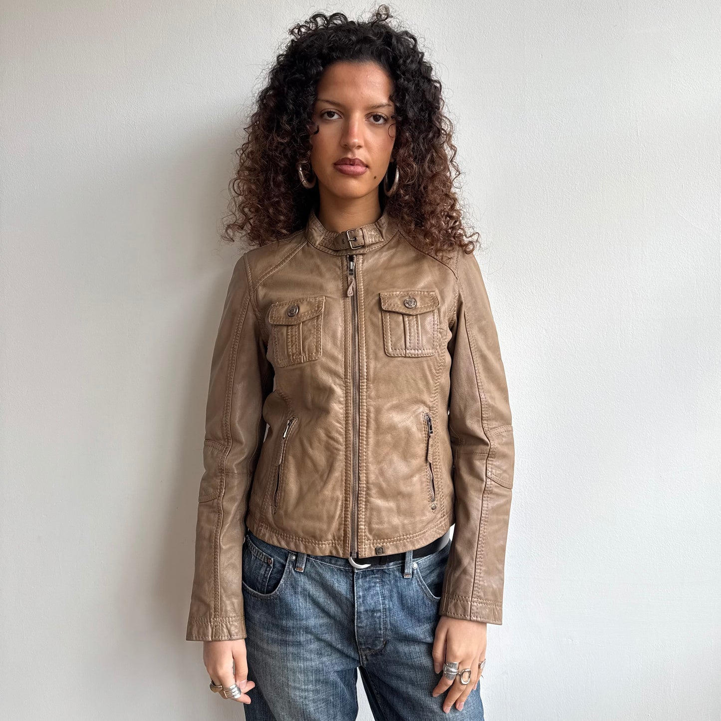 Brown leather moto jacket - Size M
