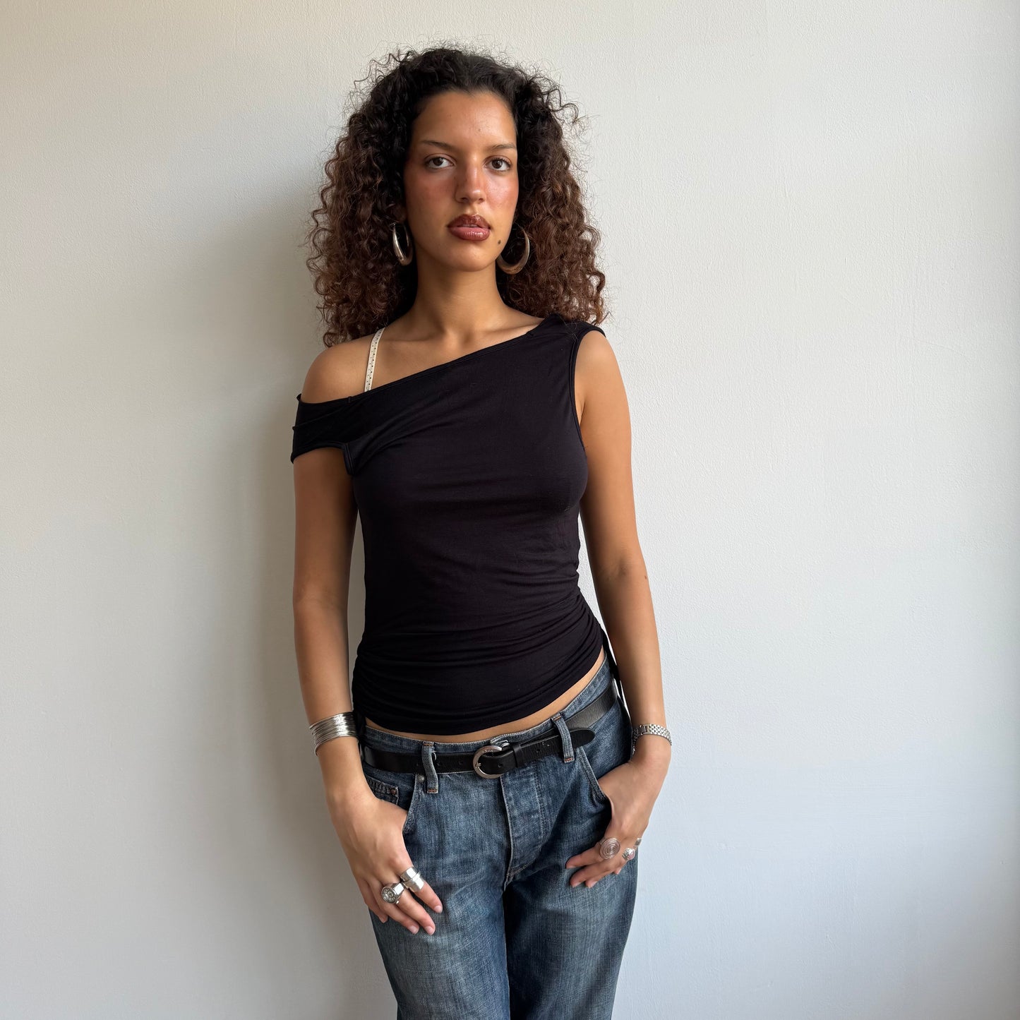 Black slouchy ruched top - Size S