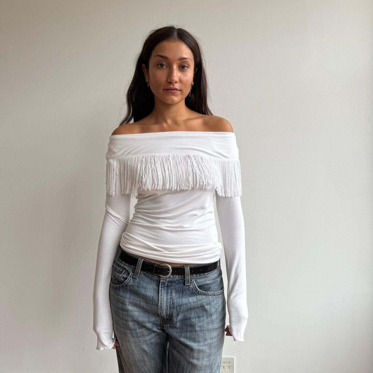 White fringe Bardot top - Size S-M