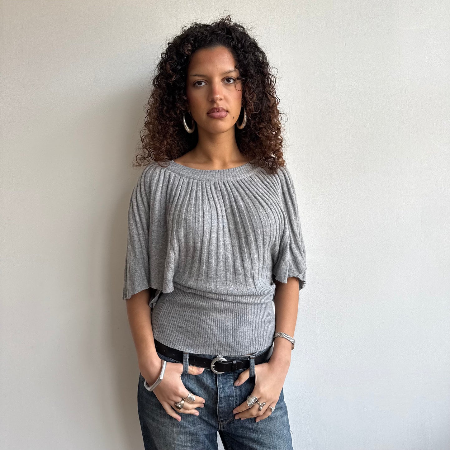 Light grey ribbed batwing knit - Size M