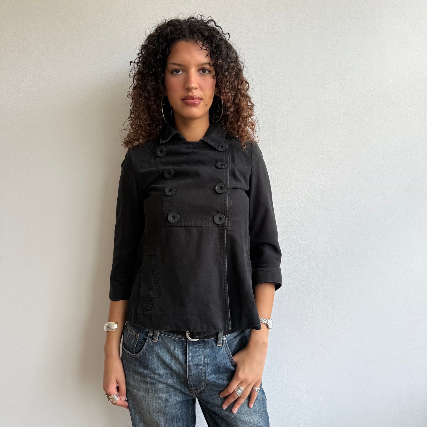 Black button front peacoat - Size S