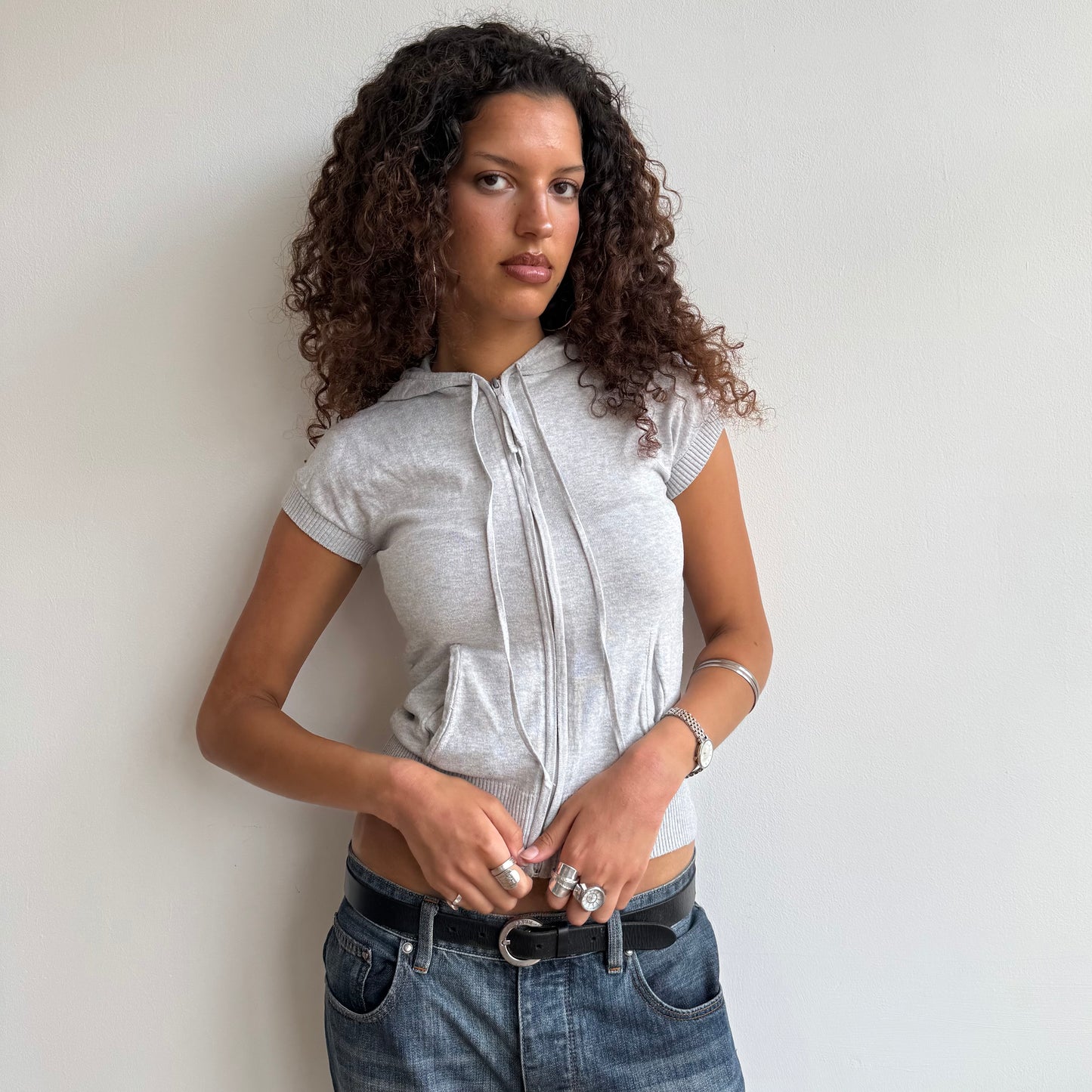 Grey short sleeve knit hoodie - Size S