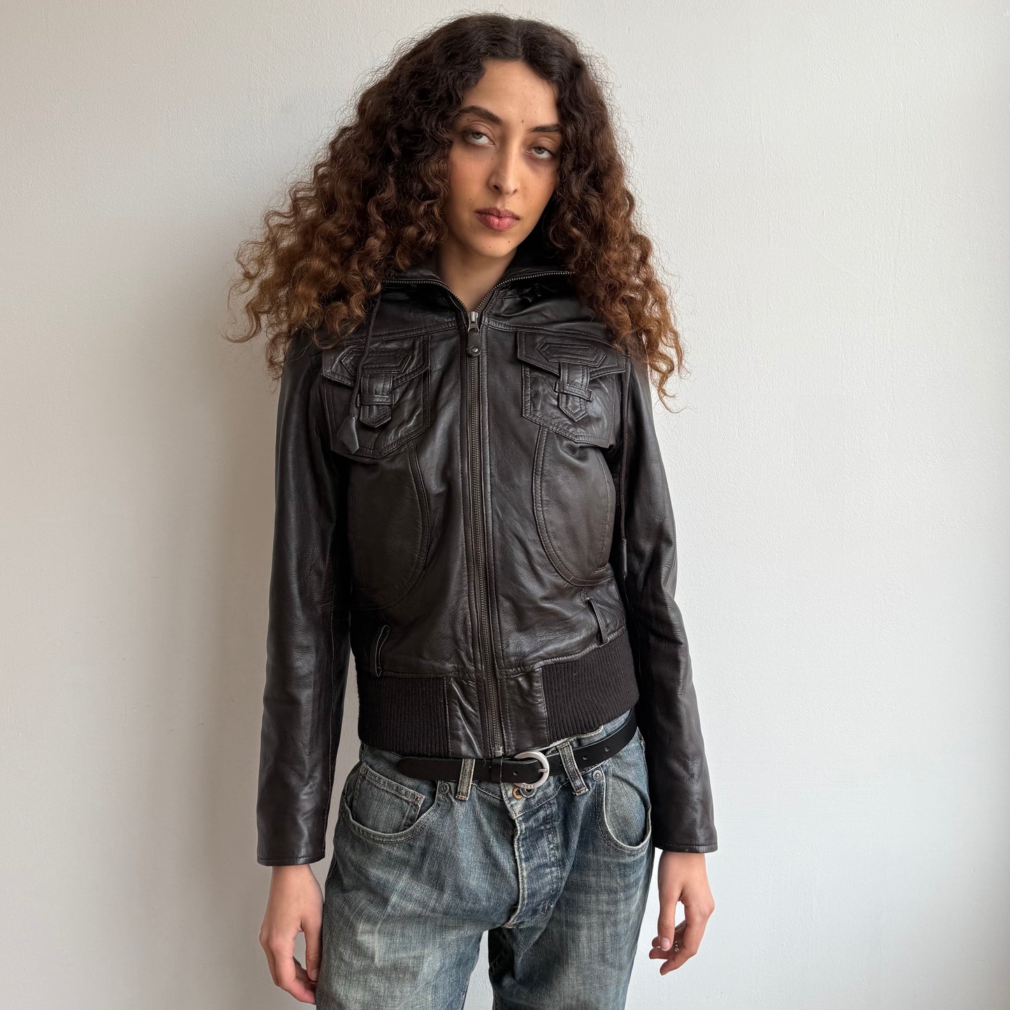 Brown leather fur hood bomber with belt - Size M