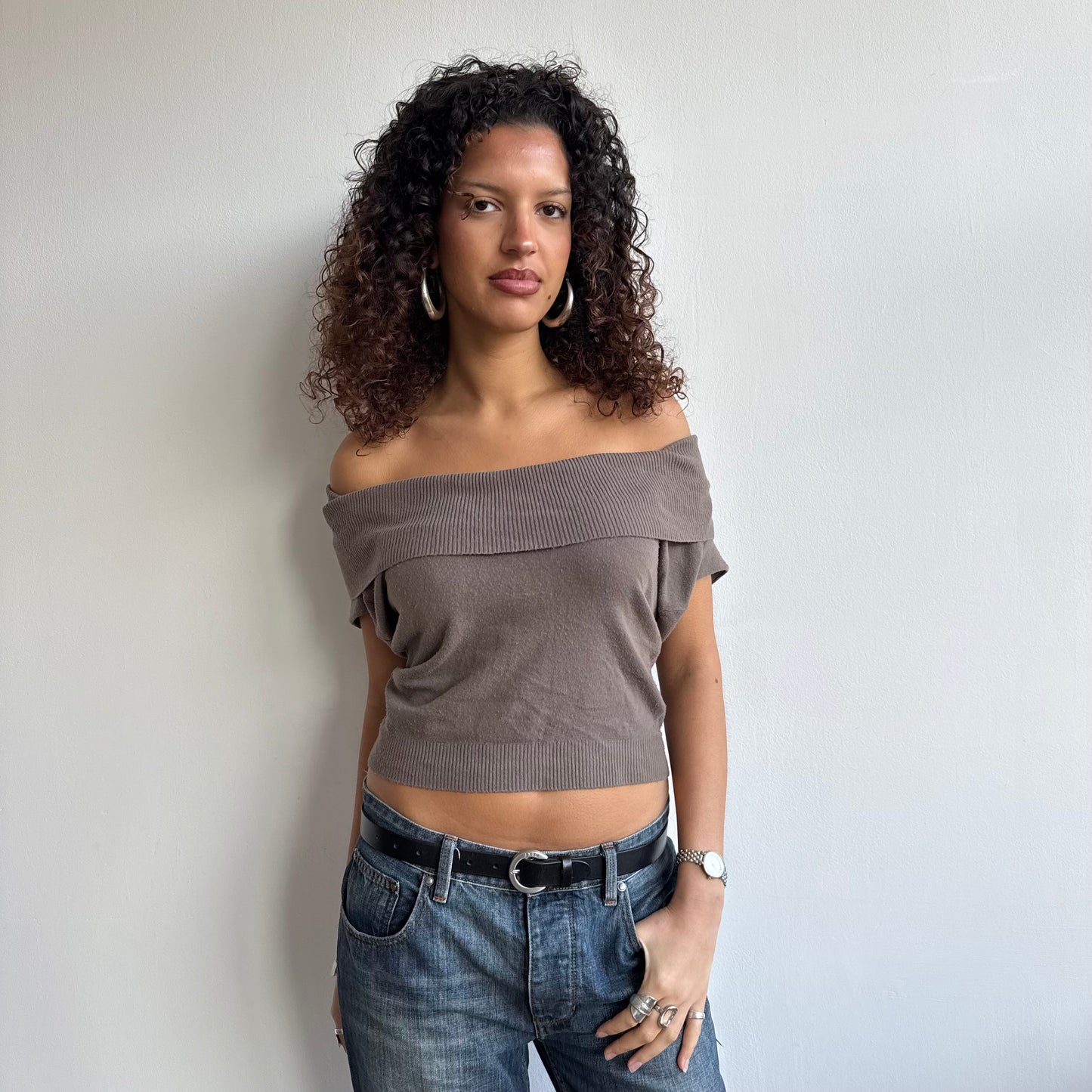 Taupe bardot/cowl knit - Size S/M