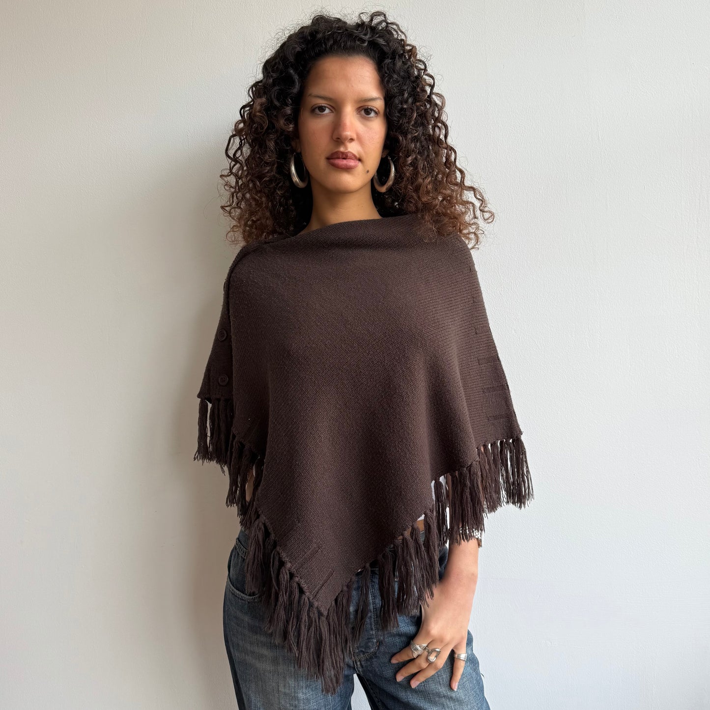 Brown tassel button poncho - One Size