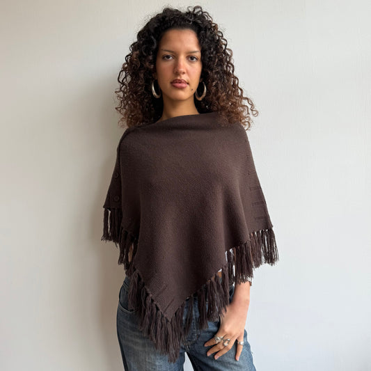 Brown tassel button poncho - One Size