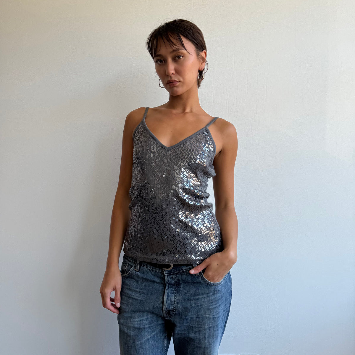 Grey sequin cami top - Size S