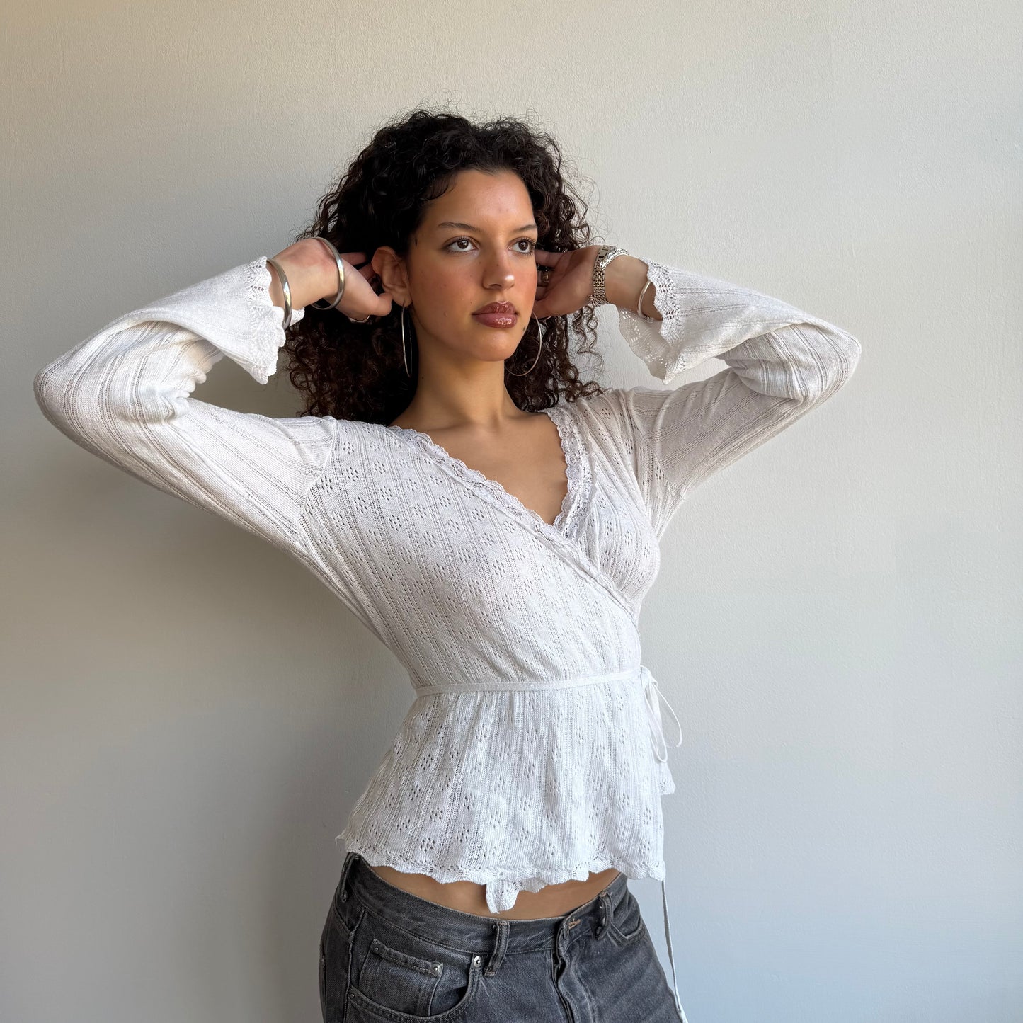 White pointelle wrap cardi - Size M