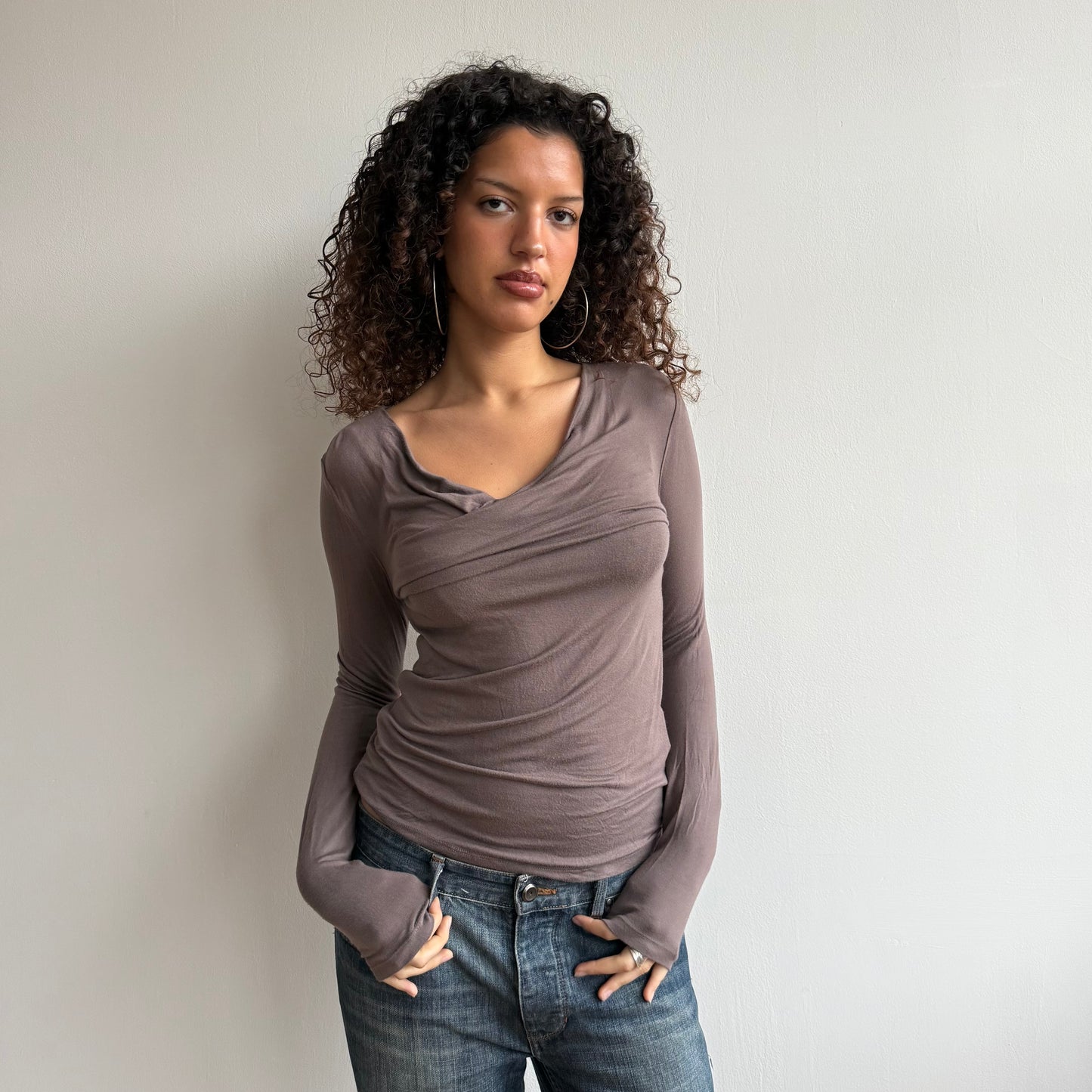 Taupe slouchy long sleeve cowl top - Size S/M