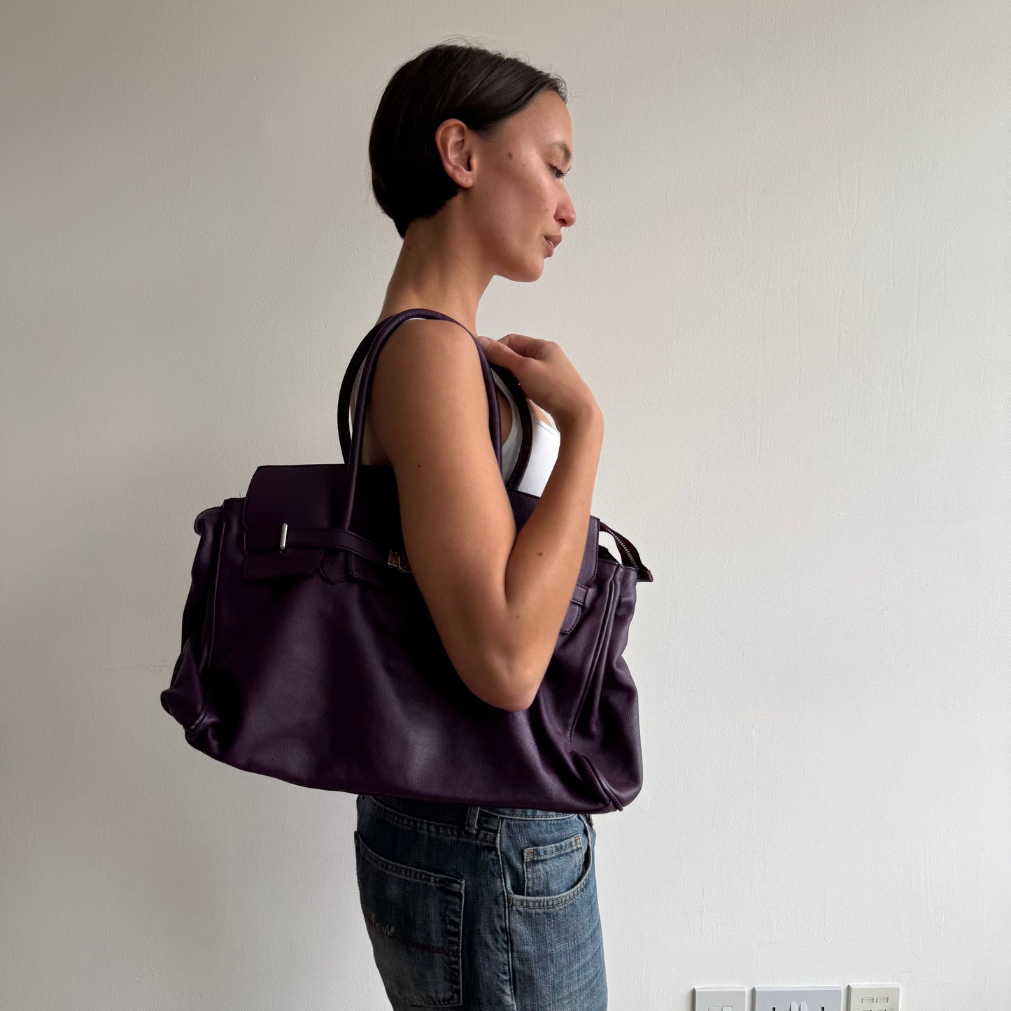 Purple leather ‘firkin’ bag - One Size