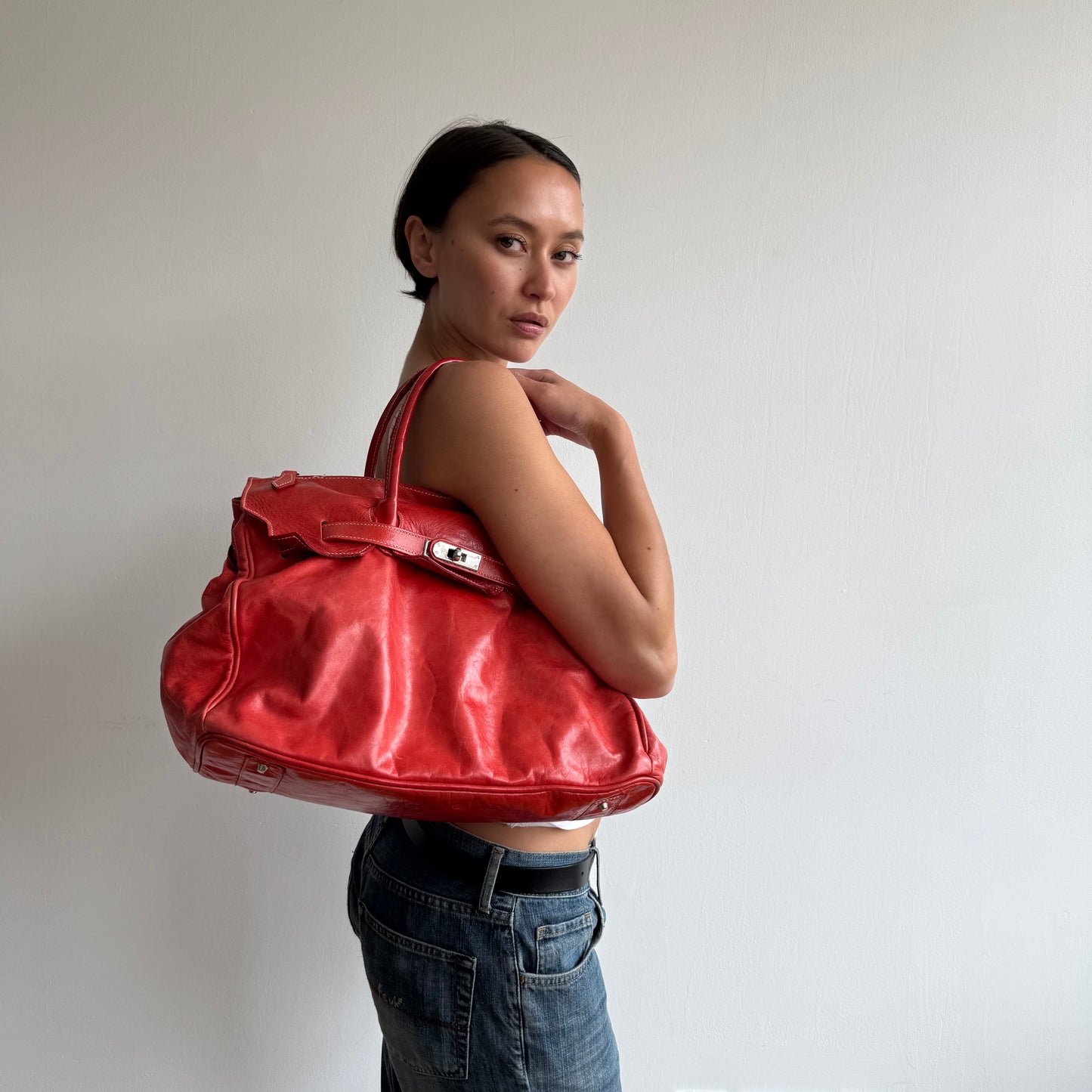 Red leather ‘firkin’ bag - One Size