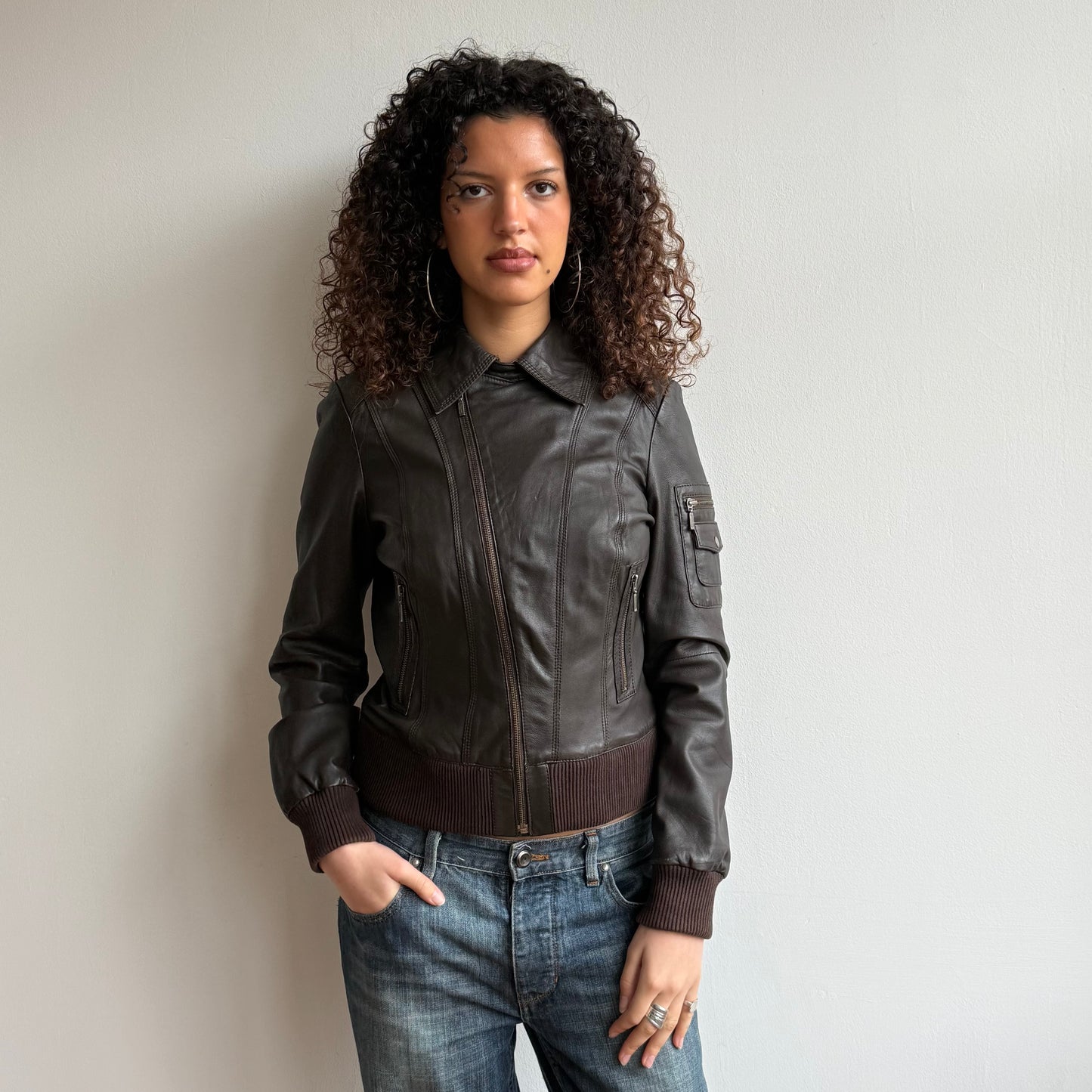 Brown asymmetric zip leather jacket - Size S