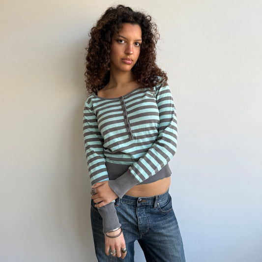 Turquoise + grey striped knit- Size S