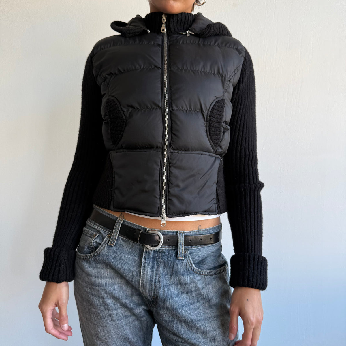 Black bi-material puffer coat - Size S