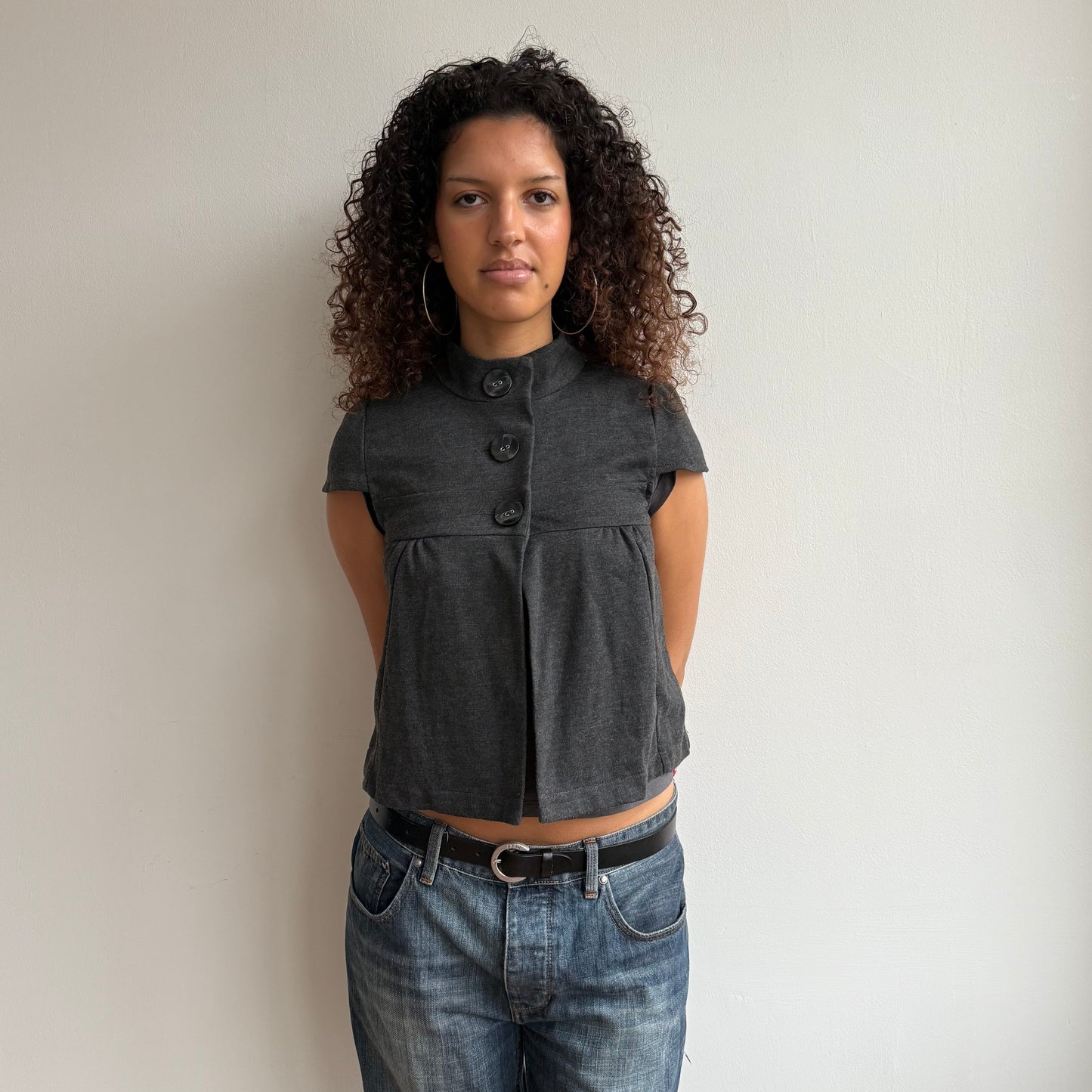 Charcoal short sleeve knit peacoat - Size S